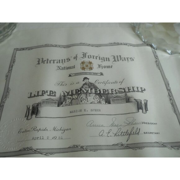 Vintage 1951 Veterans of Foreign Wars Life Membership Certificate 9.5 x 12" - Picture 5 of 5